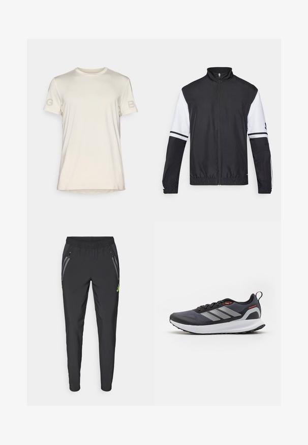 Svart og hvit jakke med høy krage, hel glidelås, elastiske mansjetter og stripete detaljer på ermene. Laget av glatt, lett materiale.; Björn Borg T-shirts med print - birch; adidas Performance REAL MADRID TIRO25 PRO VIS TECH TRAVEL PANT - Klubbklær - black/lucid lemon; Løpesko i svart med grå detaljer. Har en teksturert overdel, solid såle og reflekterende striper. Lett design med polstret mellomsåle.