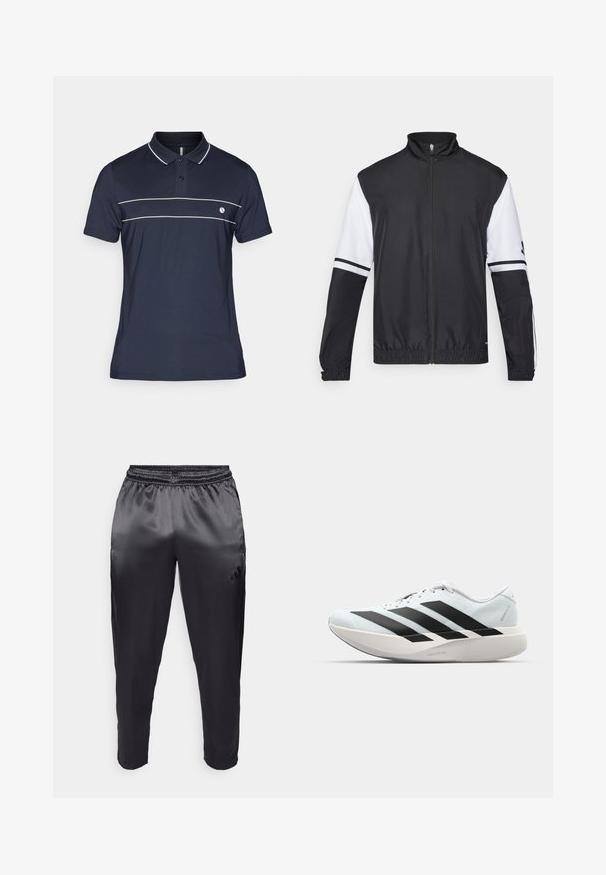 Fekete-fehér dzseki magas gallérral, teljes hosszúságú cipzárral, rugalmas mandzsettákkal és csíkozott díszítésekkel a ujjakon. Simító, könnyű anyagból készült.; Sötétkék póló, sima anyagból készült, három gombos gallérral és két fehér vízszintes csíkkal a mellkasán.; Fekete sportnadrág sima, könnyű anyagból, rugalmas derékpánttal. Bal oldalon egy kis logó található, lábszárai pedig tapered fazonúak.; Világoskék, fekete csíkos könnyű futószerek. Simább felső résszel, kerek orral és vastag fehér középtalppal, amelyen a "LIGHTSTRIKE PRO" felirat olvasható.