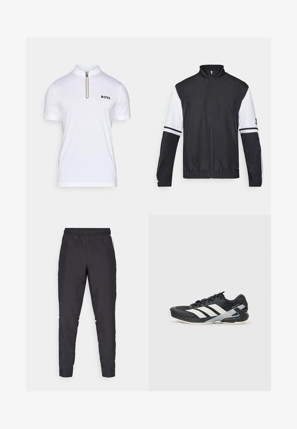 Črna in bela jakna z visokim ovratnikom, celotnim zadrgo, elastičnimi manšetami in črtastimi poudarki na rokavih. Narejena iz gladkega, lahkega materiala.; Bela polo majica s kratkimi rokavi in stojnim ovratnikom, z zadrgo do polovice in črnim logotipom. Ima teksturirano blago za zračnost.; Črne atletske hlače z elastičnim pasom, ožjimi nogami in belimi stranskimi poudarki. Narejene so iz sintetičnega materiala z gladko teksturo.; Črne atletske čevlje z belimi črtami, mrežastim zgornjim delom, zaobljenim nosom in blaženim podplatom. Imajo teksturiran petni del in varen sistem vezalk.