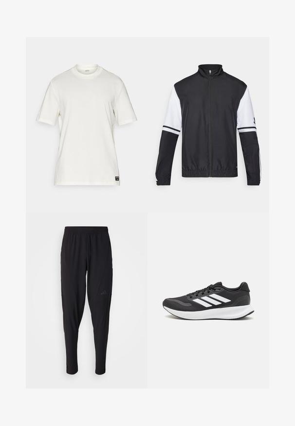 Chaqueta en blanco y negro con cuello alto, cremallera frontal completa, puños elásticos y acentos a rayas en las mangas. Fabricada con tejido liso y ligero.; Camiseta de algodón blanca de manga corta con cuello redondo, diseño minimalista y una pequeña etiqueta de logo en la parte inferior izquierda.; Pantalones deportivos negros con cintura elástica, diseño ajustado, bolsillos laterales y un discreto detalle de logo. Fabricados con un material flexible y transpirable.; Zapatilla deportiva negra con parte superior de malla transpirable, acentos en blanco y una suela acolchada. Presenta el logo de tres rayas en el costado.