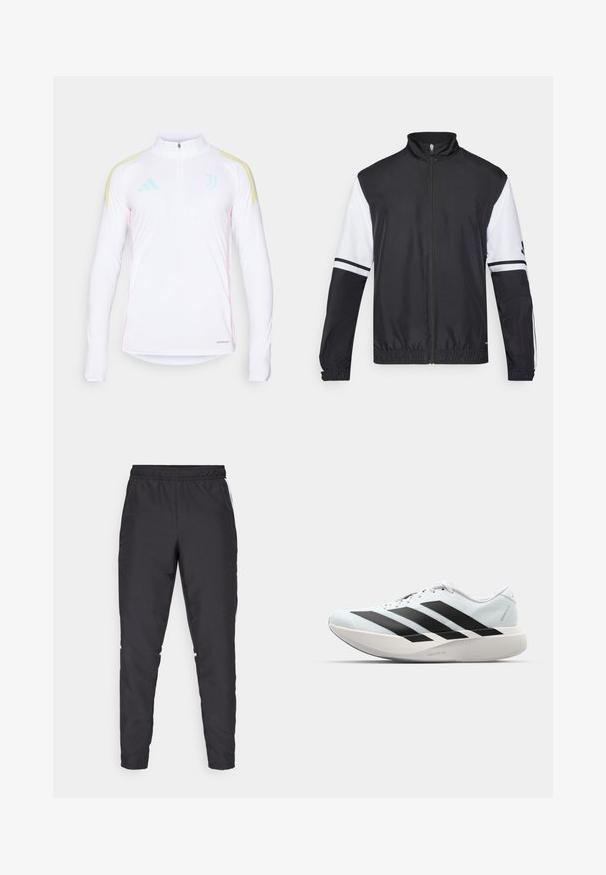 Μαύρο και άσπρο μπουφάν με ψηλό γιακά, πλήρες φερμουάρ μπροστά, ελαστικούς μανσέτες και ριγέ λεπτομέρειες στα μανίκια. Κατασκευασμένο από λεία, ελαφριά ύφασμα.; Λευκή αθλητική μπλούζα με μακριά μανίκια και μισό φερμουάρ, κίτρινες ρίγες στους ώμους, μέντα πράσινες λεπτομέρειες και ροζ ραφές στις πλευρές. Διαθέτει σήμα Aeroready.; Μαύρο αθλητικό παντελόνι με ελαστική μέση, στενές γραμμές και λευκές ρίγες στο πλάι. Φτιαγμένο από συνθετικό υλικό με λεία υφή.; Ελαφριά αθλητικά παπούτσια τρεξίματος σε ανοιχτό μπλε με μαύρες ρίγες. Διαθέτουν λείο άνω μέρος, στρογγυλή μύτη και παχύ λευκό ενδιάμεσο πέλμα που φέρει την ετικέτα "LIGHTSTRIKE PRO."