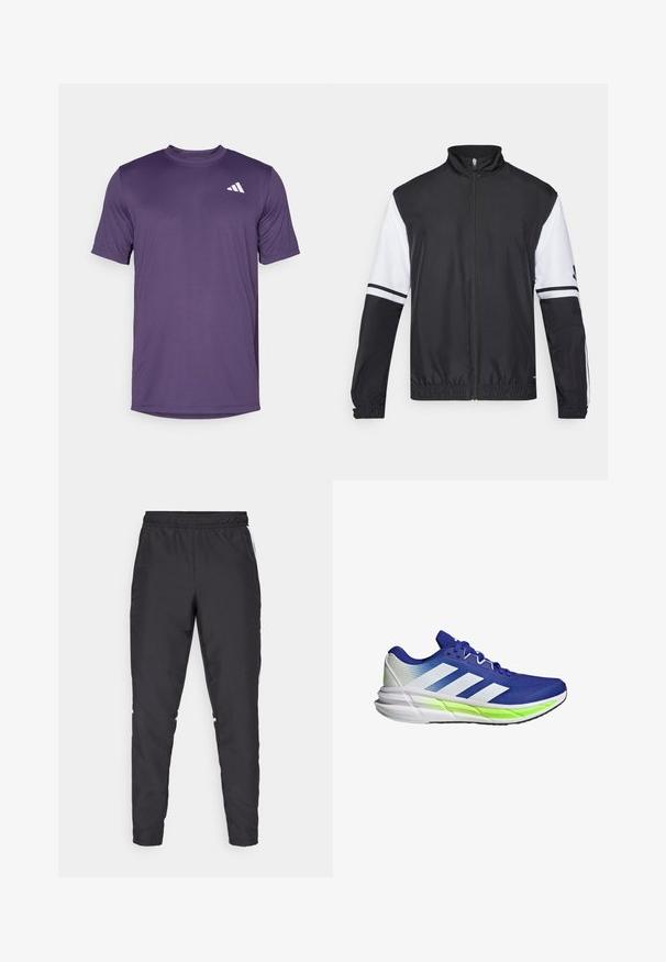 Černobílá bunda s vysokým límcem, plným předním zipem, elastickými manžetami a pruhovanými akcenty na rukávech. Vyrobena z hladké, lehké látky.; Fialové sportovní tričko s krátkým rukávem vyrobené z lehkého materiálu, s kulatým výstřihem a bílým logem na levé horní straně.; Černé sportovní kalhoty s elastickým pasem, zúženými nohavicemi a bílými bočními akcenty. Vyrobené z umělého materiálu s hladkým povrchem.; Modrá sportovní bota s bílými akcenty, síťovaným svrškem a polstrovanou podešví, kterou zdobí neonově zelený pruh. Má zakřivený design.