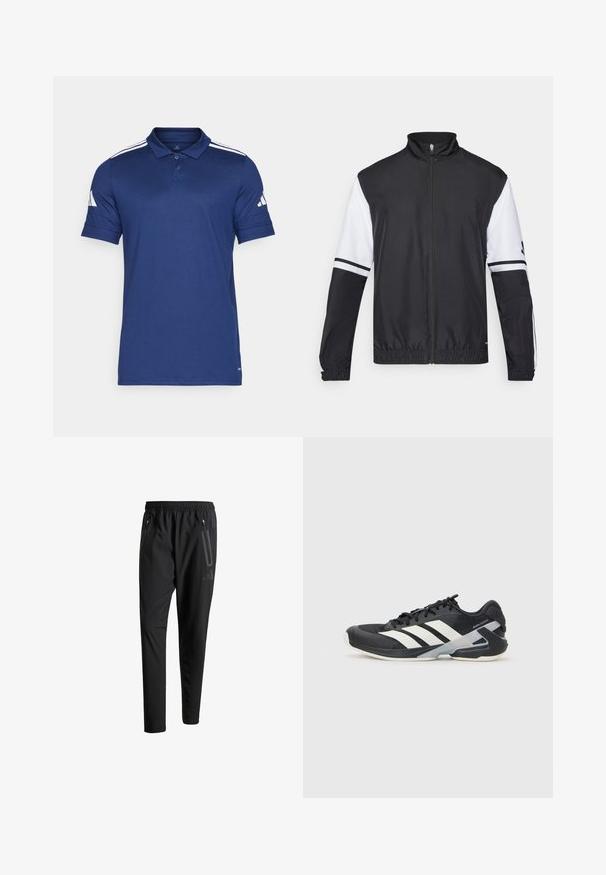 Černobílá bunda s vysokým límcem, plným předním zipem, elastickými manžetami a pruhovanými akcenty na rukávech. Vyrobena z hladké, lehké látky.; Námořnická modrá polo košile vyrobená z prodyšné tkaniny, s krátkými rukávy, límečkem, třemi knoflíky a třemi bílými pruhy na ramenou.; Černé sportovní kalhoty s elastickým pasem, dvěma zipovými bočními kapsami, zúženými nohavicemi a decentním logem na boku.; Černá sportovní obuv s bílými pruhy, síťovaným svrškem, zaoblenou špičkou a polstrovanou podrážkou. Obsahuje texturovanou patu a bezpečný systém šněrování.