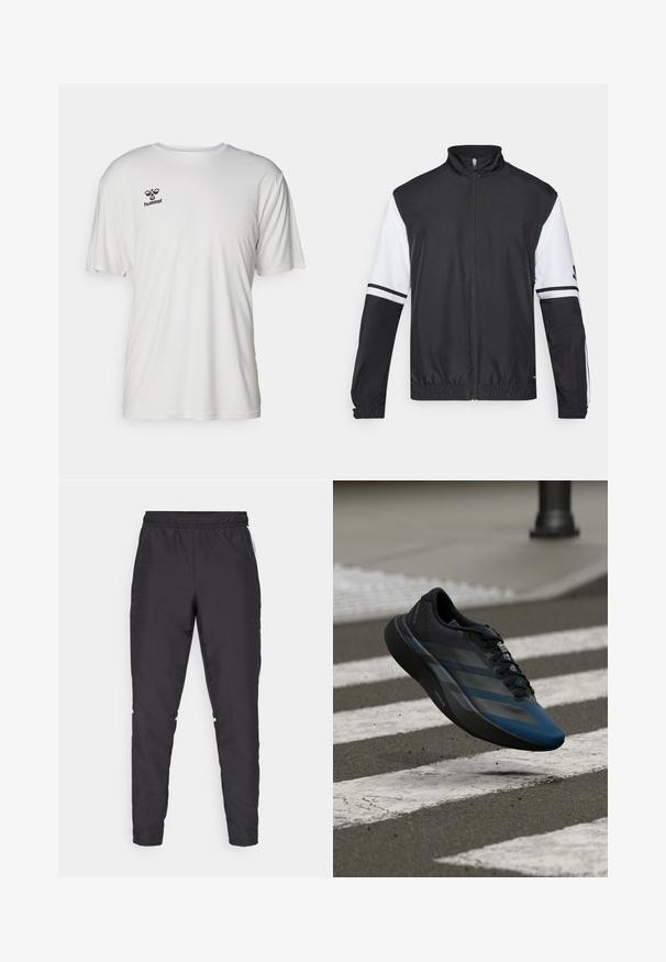 Črna in bela jakna z visokim ovratnikom, celotnim zadrgo, elastičnimi manšetami in črtastimi poudarki na rokavih. Narejena iz gladkega, lahkega materiala.; Bela kratka majica s kratkimi rokavi iz gladkega blaga. Ima črni logotip "hummel" na zgornjem levem predelu prsnega koša. Standardna zasnova s krožnim izrezom.; Črne atletske hlače z elastičnim pasom, ožjimi nogami in belimi stranskimi poudarki. Narejene so iz sintetičnega materiala z gladko teksturo.; Črno in modro atletsko čevlje z aerodinamičnim dizajnom, teksturirano zgornjo plastjo, kontrastnimi črtami ter oblazinjeno podplatom, ki lebdi nad asfaltom.