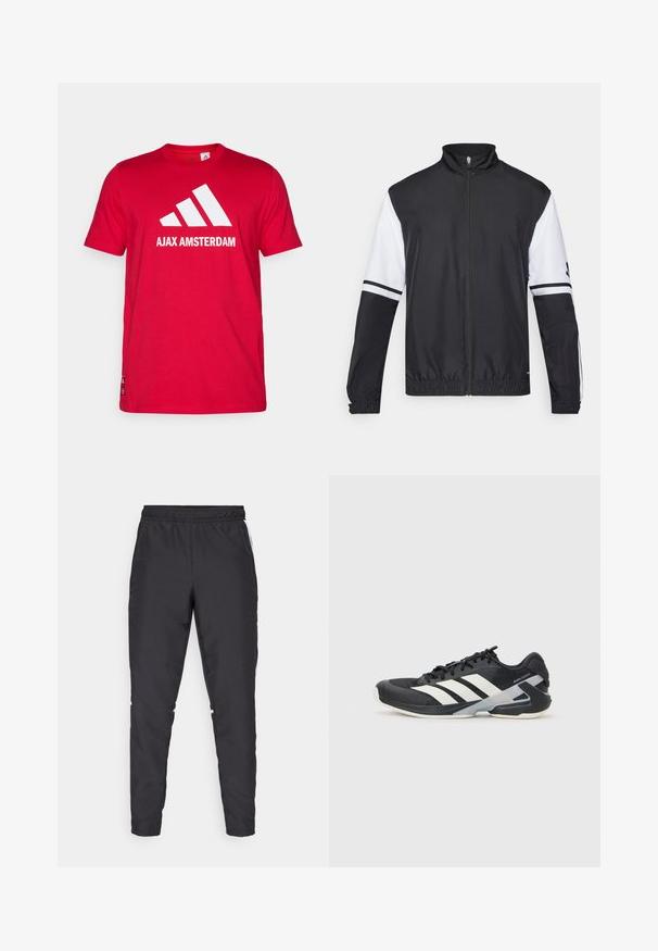 Casaco preto e branco com gola alta, fecho frontal completo, punhos elásticos e detalhes listrados nas mangas. Feito de um tecido liso e leve.; T-shirt de algodão vermelho com um logo branco da Adidas e o texto "AJAX AMSTERDAM". Mangas curtas, gola redonda, ajuste padrão.; Calças atléticas pretas com um cós elástico, pernas ajustadas e acentos brancos nas laterais. Feitas de material sintético com uma textura suave.; Sapata atlética preta com riscas brancas, parte superior em malha, biqueira arredondada e sola acolchoada. Apresenta um calcanhar texturizado e um sistema de atacadores seguro.