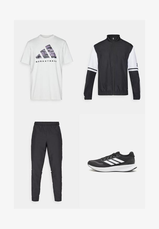 Veste noir et blanc avec un col haut, fermeture éclair sur toute la longueur à l'avant, poignets élastiques et accents rayés sur les manches. Fabriquée en tissu lisse et léger.; T-shirt blanc en coton à manches courtes, avec un imprimé graphique violet et noir de trois bandes et le mot "BASKETBALL."; Pantalons de sport noirs avec une taille élastique, des jambes fuselées et des accents blancs sur les côtés. Fabriqués à partir de matériau synthétique avec une texture lisse.; Baskets de sport noires avec tige en mesh respirant, accents blancs et semelle rembourrée. Présente le logo à trois bandes sur le côté.
