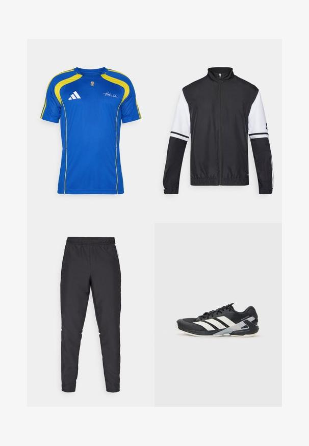 Zwart-witte jas met hoge kraag, volledige rits aan de voorkant, elastische manchetten en gestreepte accenten op de mouwen. Gemaakt van glad, lichtgewicht materiaal.; adidas Performance JUVENTUS TURIN URBAN PURIST JERSEY - Fanartikel - team royal blue; Zwarte sportbroek met een elastische tailleband, taps toelopende benen en witte zijkanten. Gemaakt van synthetisch materiaal met een gladde textuur.; Zwarte sportschoen met witte strepen, bovenwerk van mesh, ronde neus en geveerde zool. Heeft een getextureerde hak en een veilig vetersysteem.