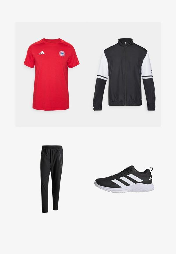 Chaqueta en blanco y negro con cuello alto, cremallera frontal completa, puños elásticos y acentos a rayas en las mangas. Fabricada con tejido liso y ligero.; Camiseta de algodón roja de manga corta, con cuello redondo, logo blanco de adidas y un escudo del FC Bayern Munich en el pecho.; Pantalones deportivos negros con una cintura elástica, dos bolsillos laterales con cremallera, piernas ajustadas y un discreto detalle de logo en la cadera.; Zapatilla deportiva negra con parte superior de malla, tres rayas blancas en el lateral, suela acolchada y suela de goma texturizada para tracción.