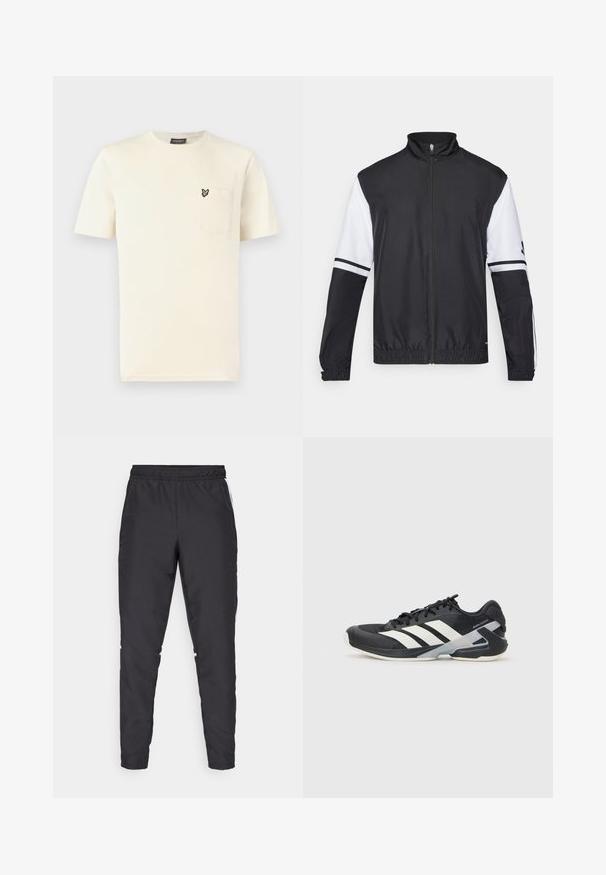 Zwart-witte jas met hoge kraag, volledige rits aan de voorkant, elastische manchetten en gestreepte accenten op de mouwen. Gemaakt van glad, lichtgewicht materiaal.; Roomkleurig katoenen T-shirt met een ronde hals, korte mouwen en een borstzakje aan de linkerkant met een klein geborduurd vlinderdetail.; Zwarte sportbroek met een elastische tailleband, taps toelopende benen en witte zijkanten. Gemaakt van synthetisch materiaal met een gladde textuur.; Zwarte sportschoen met witte strepen, bovenwerk van mesh, ronde neus en geveerde zool. Heeft een getextureerde hak en een veilig vetersysteem.