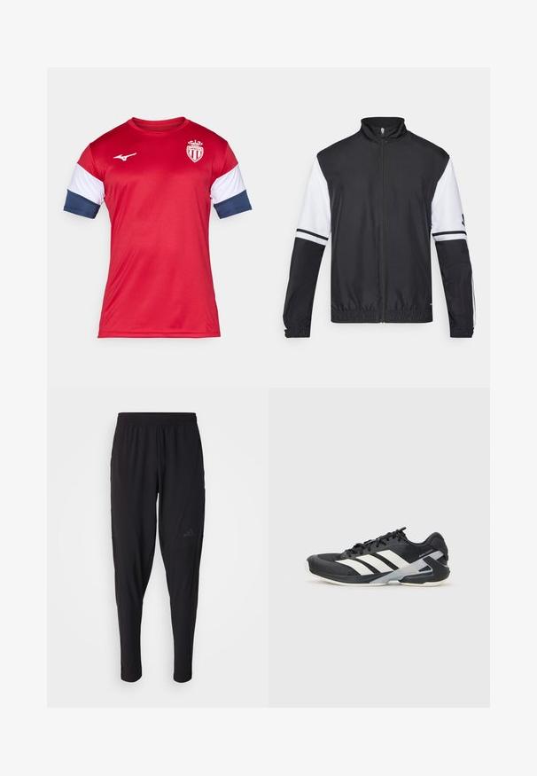 Chaqueta en blanco y negro con cuello alto, cremallera frontal completa, puños elásticos y acentos a rayas en las mangas. Fabricada con tejido liso y ligero.; Camiseta deportiva roja de manga corta, con acentos en blanco y azul marino. Logo en el pecho, textura suave, fabricada en material sintético.; Pantalones deportivos negros con cintura elástica, diseño ajustado, bolsillos laterales y un discreto detalle de logo. Fabricados con un material flexible y transpirable.; Zapatilla deportiva negra con franjas blancas, parte superior de malla, punta redondeada y suela acolchada. Presenta un talón texturizado y un sistema de cordones seguro.