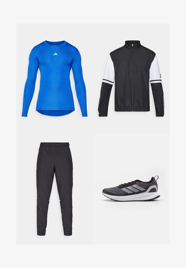 Crno-bijela jakna s visokim ovratnikom, punim zatvaračem sprijeda, elastičnim manžetama i prugastim detaljima na rukavima. Izrađena od glatkog, laganog materijala.; Dug nadolaktni sportski majica u tamnoplavoj boji, izrađena od rastezljivog materijala. Ima okrugli izrez i mali bijeli logo na prsima.; Crne atletske hlače s elastičnim strukom, sužavajućim nogavicama i bijelim bočnim naglascima. Izrađene od sintetičkog materijala s glatkom teksturom.; Trkačke cipele u crnoj boji siva naglaskom. Imaju teksturirani gornji dio, čvrsti potplat i reflektirajuće pruge. Lagani dizajn s obučenim srednjim dijelom.
