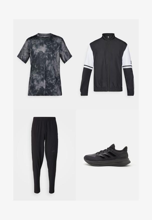 Chaqueta en blanco y negro con cuello alto, cremallera frontal completa, puños elásticos y acentos a rayas en las mangas. Fabricada con tejido liso y ligero.; Camiseta de manga corta en gris oscuro con un patrón similar a nubes, hecha de una tela suave y ligera. Presenta un cuello redondo y un detalle de logo.; Pantalones deportivos negros con cintura elástica, diseño ajustado, bolsillos laterales y un discreto detalle de logo. Fabricados con un material flexible y transpirable.; Zapatilla deportiva negra con parte superior de tela texturizada, suela de goma y tres franjas negras brillantes en el costado. Punta redondeada y talón acolchado.