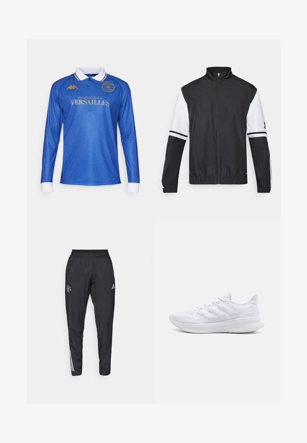 Chaqueta en blanco y negro con cuello alto, cremallera frontal completa, puños elásticos y acentos a rayas en las mangas. Fabricada con tejido liso y ligero.; Camiseta de fútbol de manga larga azul con cuello blanco, que presenta logotipos y texto dorados, un patrón diagonal texturizado y puños blancos contrastantes.; Pantalones deportivos negros con cinturilla elástica, logo bordado en el muslo y rayas blancas que recorren los lados.; Zapatillas deportivas blancas con una parte superior de malla texturizada, suela acolchada y soporte, y un diseño de tres rayas en el lateral.