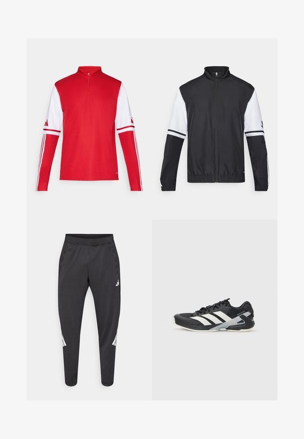 Svart och vit jacka med hög krage, hel dragkedja fram, elastiska ärmmuddar och randiga detaljer på ärmarna. Tillverkad av ett glatt, lättviktigt tyg.; Röd träningsskjorta med lång ärm och kvartsled, vita ärmar, tre vita ränder längs axlarna och Adidas-logotyp på ärmarna.; Svarta sportbyxor med avsmalnande ben, elastisk midja, sidofickor samt vitt logotyp- och randdetalj. Tillverkade av ett mjukt, lätt material.; Svart atletisk sko med vita ränder, mesh-övre, rund tå och dämpad sula. Har en strukturerad häl och ett säkert snörningssystem.