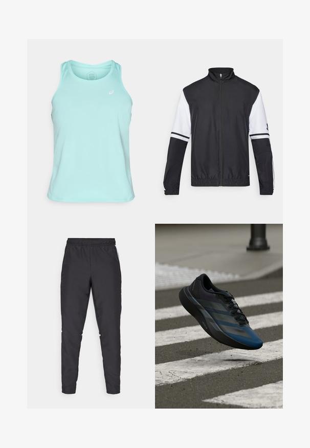 Black and white jacket with a high collar, full front zipper, elastic cuffs, and striped accents on sleeves. Made from smooth, lightweight fabric.; Light turquoise athletic tank top, made from smooth, breathable fabric. Features a scoop neckline and logo accent on the left chest.; Black athletic pants with an elastic waistband, tapered legs, and white side accents. Made of synthetic material with a smooth texture.; Black and blue athletic shoe with a streamlined design, featuring a textured upper, contrasting stripes, and a cushioned sole, hovering over pavement.
