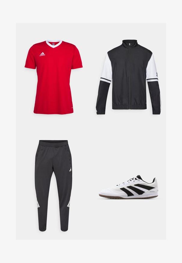 Svart och vit jacka med hög krage, hel dragkedja fram, elastiska ärmmuddar och randiga detaljer på ärmarna. Tillverkad av ett glatt, lättviktigt tyg.; Röd Adidas fotbollströja med vit v-ringning. Korta ärmar och diskret logotyp på vänstra bröstområdet. Slät tygtextur.; Svarta sportbyxor med avsmalnande ben, elastisk midja, sidofickor samt vitt logotyp- och randdetalj. Tillverkade av ett mjukt, lätt material.; Vitaidrottsskor i vitt med en strukturerad ovandel, tre svarta ränder, en slät tådel och en sula av gummit, designade för inomhusbruk.