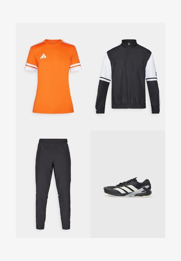 Jachetă alb-negru cu guler înalt, fermoar pe toată lungimea, manșete elastice și accente în dungi pe mâneci. Fabricată dintr-un material neted și ușor.; Tricou sportiv portocaliu cu mâneci scurte, cu manșete albe cu dungi, și un logo Adidas pe umărul stâng, realizat dintr-un material neted și respirabil.; Pantaloni de sport negri cu talie elastică, picioare conice și accente laterale albe. Fabricat din material sintetic cu o textură netedă.; Pantofii sport negri cu dungi albe, superior din plasă, vârf rotunjit și talpă îmbunătățită pentru amortizare. Au o călcătură texturată și un sistem de șireturi securizat.