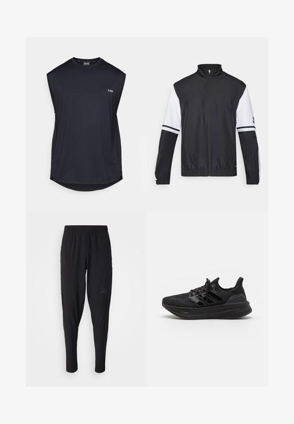 Jachetă alb-negru cu guler înalt, fermoar pe toată lungimea, manșete elastice și accente în dungi pe mâneci. Fabricată dintr-un material neted și ușor.; Tricou sportiv fără mâneci, de culoare bleumarin închis, confecționat dintr-un material texturat. Are un tiv rotunjit și un logo mic pe partea stângă. Design respirabil.; Pantaloni atletici negri cu o talie elastică, design conic, buzunare laterale și detalii subtile cu logo. Fabricat dintr-un material flexibil și respirabil.; Pantofi sport negri cu partea superioară din tricot texturat, trei dungi lucioase, talpă ușoară din spumă și călcâi întărit. Prezintă un design cu șireturi.