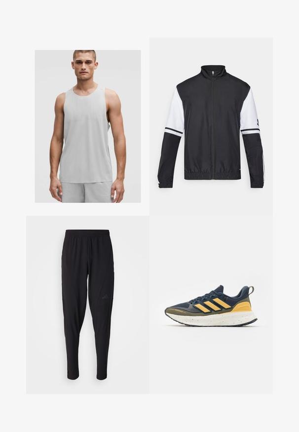 Sort og hvid jakke med høj krave, fuld lynlås foran, elastiske manchetter og stribede detaljer på ærmerne. Fremstillet af glat, letvægtsstof.; Lys grå atletisk tanktop med rund halsudskæring og ærmeløs design, lavet af et åndbart materiale med subtile teksturdetaljer.; Sorte træningsbukser med elastisk talje, tætsiddende design, sidelommer og diskret logo-detail. Fremstillet af fleksibelt, åndbart stof.; Marineblå sportsko med gule detaljer, med en struktureret overdel, en polstret sål og en spraglet mellemsål. Vandafvisende materiale.
