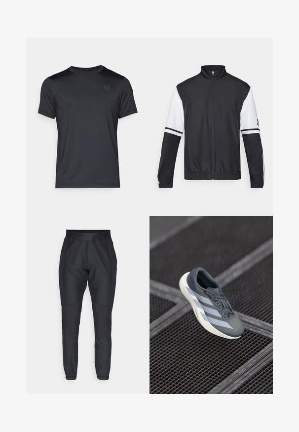 Chaqueta en blanco y negro con cuello alto, cremallera frontal completa, puños elásticos y acentos a rayas en las mangas. Fabricada con tejido liso y ligero.; Camiseta negra de manga corta hecha de tela suave, con cuello redondo y un logo sutil en el pecho. Corte casual sin patrones visibles.; Pantalones deportivos negros con piernas ajustadas, cinturilla elástica y paneles texturizados en contraste. Presentan detalles de logotipo cerca de los puños.; Zapatilla deportiva en gris y blanco, hecha de material sintético, con un diseño aerodinámico, acabado texturizado y un sistema de cordones prominente.