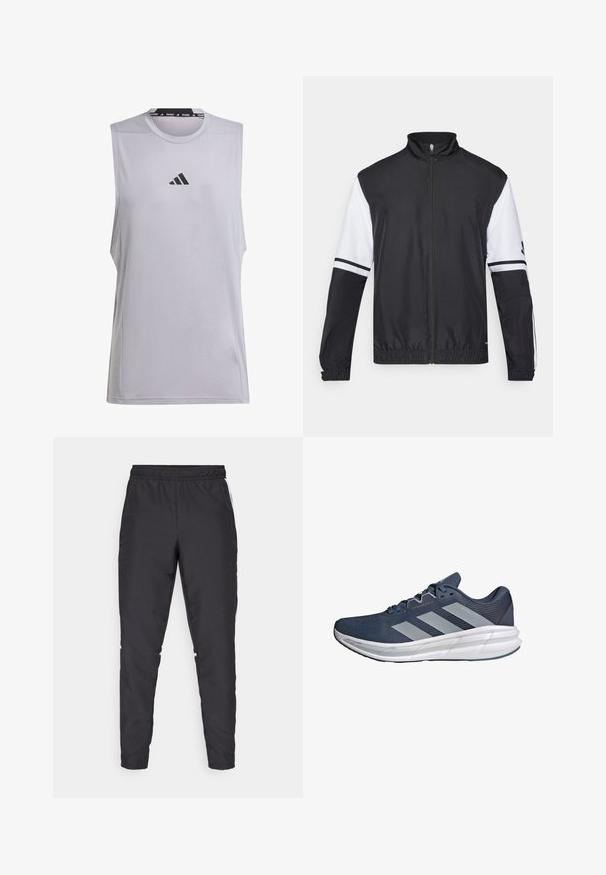 Black and white jacket with a high collar, full front zipper, elastic cuffs, and striped accents on sleeves. Made from smooth, lightweight fabric.; Sleeveless athletic shirt in light gray fabric with a smooth texture. Features a black adidas logo centered on the chest and a patterned collar.; Black athletic pants with an elastic waistband, tapered legs, and white side accents. Made of synthetic material with a smooth texture.; adidas Performance QUESTAR - Road running shoes - preloved ink halo silver shadow navy
