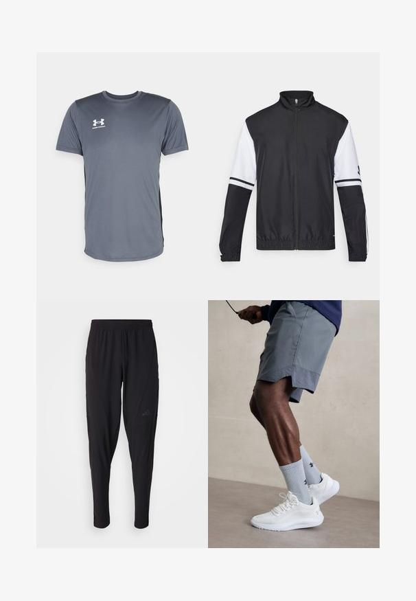 Casaco preto e branco com gola alta, fecho frontal completo, punhos elásticos e detalhes listrados nas mangas. Feito de um tecido liso e leve.; T-shirt atlético cinza com mangas curtas. Apresenta um decote redondo e um logótipo branco da Under Armour no lado esquerdo do peito. Textura suave.; Calças atléticas pretas com um cós elástico, design afunilado, bolsos laterais e detalhe discreto do logótipo. Feitas de um tecido flexível e respirável.; Ténis desportivos brancos com parte superior em malha texturizada, acompanhados por meias caneleadas azul claro com um logótipo. Calções desportivos cinza com acabamento perfurado.