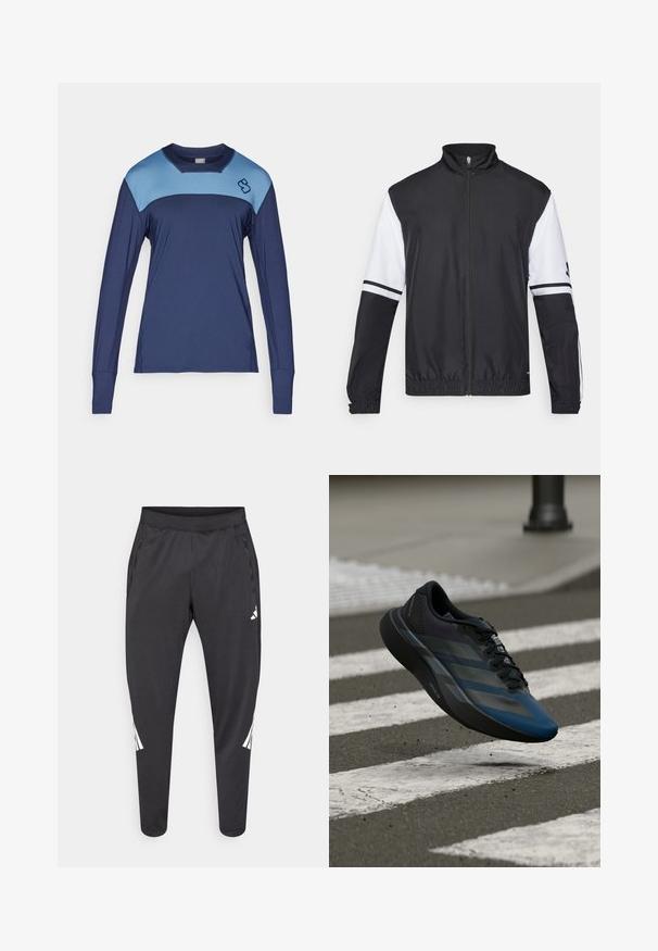 Casaco preto e branco com gola alta, fecho frontal completo, punhos elásticos e detalhes listrados nas mangas. Feito de um tecido liso e leve.; Camisola de desporto de mangas longas feita de tecido que absorve a humidade; corpo azul escuro com detalhes azuis claros nos ombros e um pequeno logótipo no peito.; Calças atléticas pretas com pernas afiladas, cintura elástica, bolsos laterais e detalhes em logo e riscas brancas. Confeccionadas em material liso e leve.; Tênis atlético preto e azul com design aerodinâmico, apresentando uma parte superior texturizada, riscas contrastantes e uma sola acolchoada, pairando sobre o pavimento.