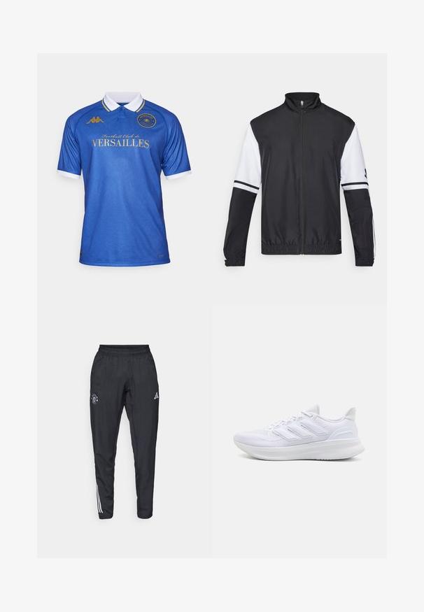 Schwarz-weiße Jacke mit hohem Kragen, durchgehendem Reißverschluss, elastischen Bündchen und gestreiften Akzenten an den Ärmeln. Hergestellt aus glattem, leichtem Material.; Blaues Fußballtrikot mit Kragen, das ein strukturiertes Muster aufweist, goldene Schriftzug "Football Club de VERSAILLES" und weiße Ärmelakzente.; Schwarze Sporthose mit elastischem Bund, gesticktem Logo auf dem Oberschenkel und weißen Streifen an den Seiten.; Weiße Sportschuhe mit einem strukturierten Mesh-Obermaterial, einer stützenden gepolsterten Sohle und einem drei Streifen-Design an der Seite.