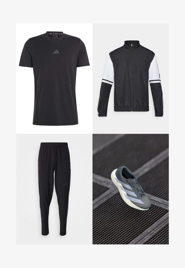 Svart og hvit jakke med høy krage, hel glidelås, elastiske mansjetter og stripete detaljer på ermene. Laget av glatt, lett materiale.; Svart treningst-skjorte med kort erm laget av lett stoff, med rund hals og en subtil preget logo på brystet.; Svarte treningsbukser med elastisk midje, smal design, sidelommer og subtil logo. Laget av fleksibelt, pustende stoff.; Sportsko leketøy i grått og hvitt, laget av syntetisk materiale, med et strømlinjeformet design, teksturert overflate og fremtredende snøresystem.