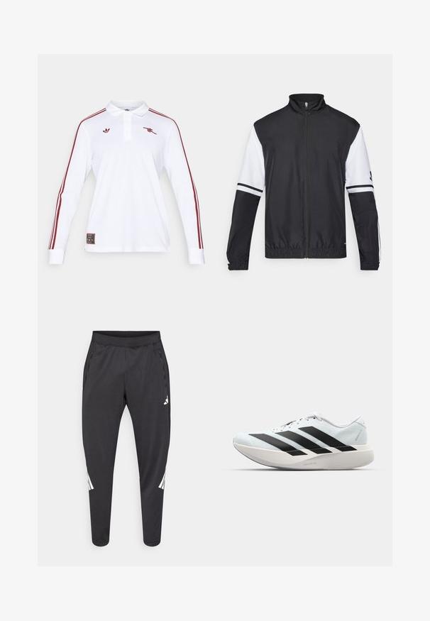 Svart och vit jacka med hög krage, hel dragkedja fram, elastiska ärmmuddar och randiga detaljer på ärmarna. Tillverkad av ett glatt, lättviktigt tyg.; adidas Originals ARSENAL FC ICON LONG SLEEVE POLO - Klubbkläder - white; Svarta sportbyxor med avsmalnande ben, elastisk midja, sidofickor samt vitt logotyp- och randdetalj. Tillverkade av ett mjukt, lätt material.; Lätta löparskor i ljusblått med svarta ränder. Har en slät ovandel, rund tå och tjock vit mellansula märkt "LIGHTSTRIKE PRO."