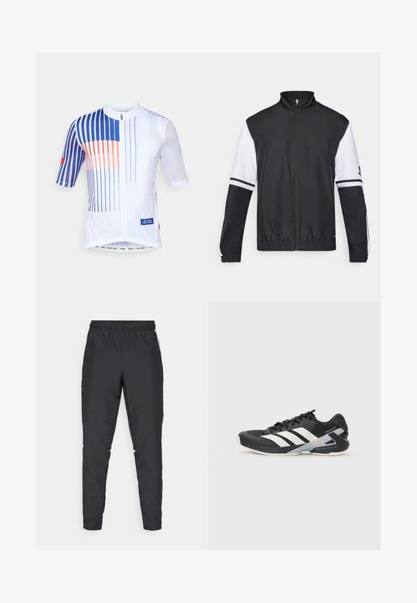 Mustvalge jakk kõrge kraega, täispikk tõmblukk, elastsete mansettidega ning triibuliste aktsentidega varrukatel. Valmistatud siledast, kergekaalulisest kangast.; Valge jalgrattasärk siniste ja orangete vertikaalsete triipudega, lühikesed varrukad, külgmistes paneelides on võrgusilmkangas ja ees on lukuga. Omab "LE COL" sildi.; Mustad mustusharjased püksid elastse vöökohtadega, kitsenevate jalgadega ja valgete külgaktsentidega. Valmistatud sünteetilisest materjalist, millel on sile tekstuur.; Mustad sportlik jalanõud mustade värvidega, valgete triipudega, võrgusilma pealmine osa, ümar varvas ja pehme tallaga. Omab tekstureeritud kontsa ja kindlat paeltesüsteemi.