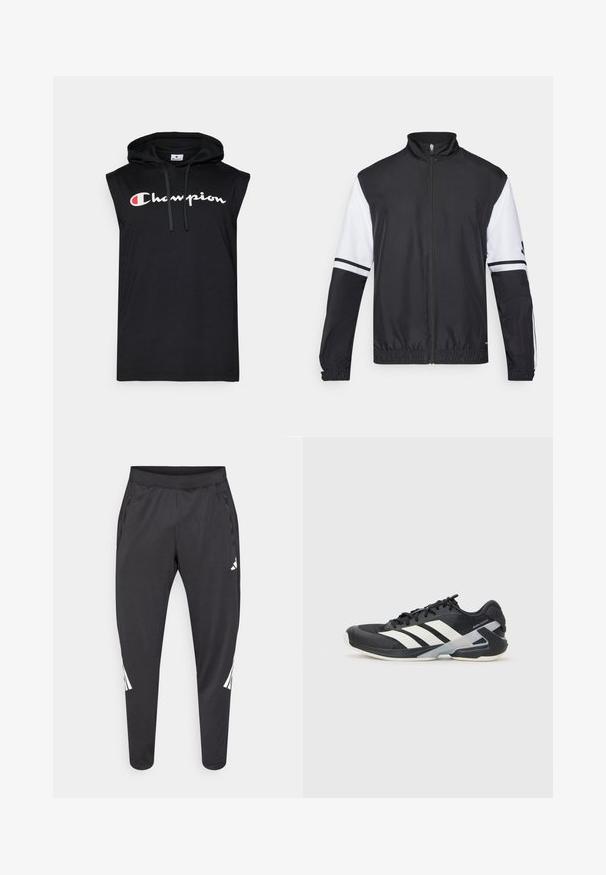 Juodai balta striukė su aukštu apykakle, visiškai užtraukiama priekyje, elastinėmis rankovėmis ir dryžuotais akcentais ant rankovių. Pagaminta iš glotnaus, lengvo audinio.; Juodas be rankovių hoodie su priekiu kangorūko kišeniu. Įrengtas baltu ir raudonu "Champion" logotipu per krūtinę. Pagamintas iš minkštos medžiagos.; Juodos sportinės kelnės su siaurėjančiomis kojų apačiomis, elastine juosmens juosta, šoninėmis kišenėmis bei baltu logotipu ir dryžiais. Pagamintos iš glotnios, lengvos medžiagos.; Juoda sportinė avalynė su baltais dryžiais, tinklinis viršus, apvalus pirštas ir paminkštinta padais. Yra tekstūruota kulno dalis ir saugi raištelių sistema.