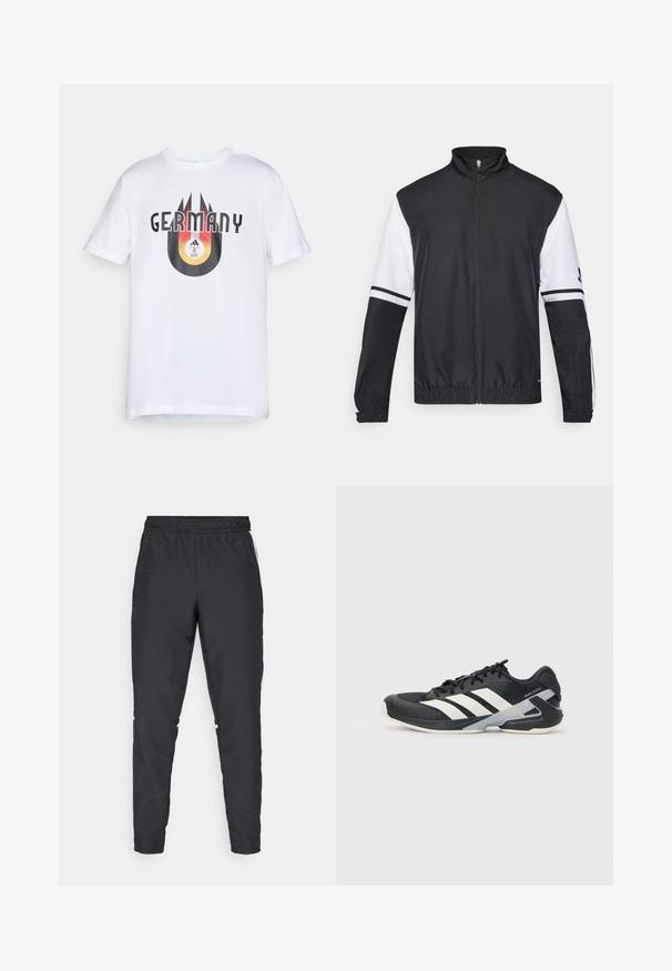 Fekete-fehér dzseki magas gallérral, teljes hosszúságú cipzárral, rugalmas mandzsettákkal és csíkozott díszítésekkel a ujjakon. Simító, könnyű anyagból készült.; Fehér pamut póló fekete és narancssárga grafikával, rajta "GERMANY" felirattal és egy kör alakú mintázattal, amely focilabdát és csíkokat ábrázol.; Fekete sportnadrág, rugalmas derékkal, szűkített szárakkal és fehér oldalszegésekkel. Szinétikus anyagból készült, sima tapintással.; Fekete sportcipő fehér csíkokkal, hálós felsőrész, kerek orr és párnázott talp. Texturált sarokkal és biztonságos fűzőrendszerrel rendelkezik.