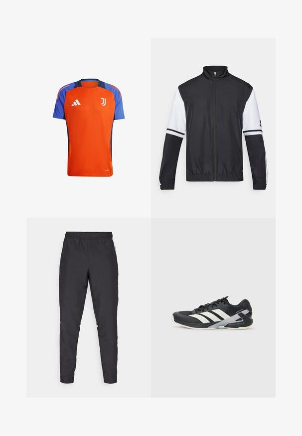 Svart och vit jacka med hög krage, hel dragkedja fram, elastiska ärmmuddar och randiga detaljer på ärmarna. Tillverkad av ett glatt, lättviktigt tyg.; Orange och blå idrottströja med korta ärmar, utrustad med rund halsringning, ett Juventus-logotyp och Adidas-ränder på axlarna.; Svarta träningsbyxor med elastisk midjeband, smalnande ben och vita sidodetaljer. Tillverkade av syntetiskt material med en slät yta.; Svart atletisk sko med vita ränder, mesh-övre, rund tå och dämpad sula. Har en strukturerad häl och ett säkert snörningssystem.