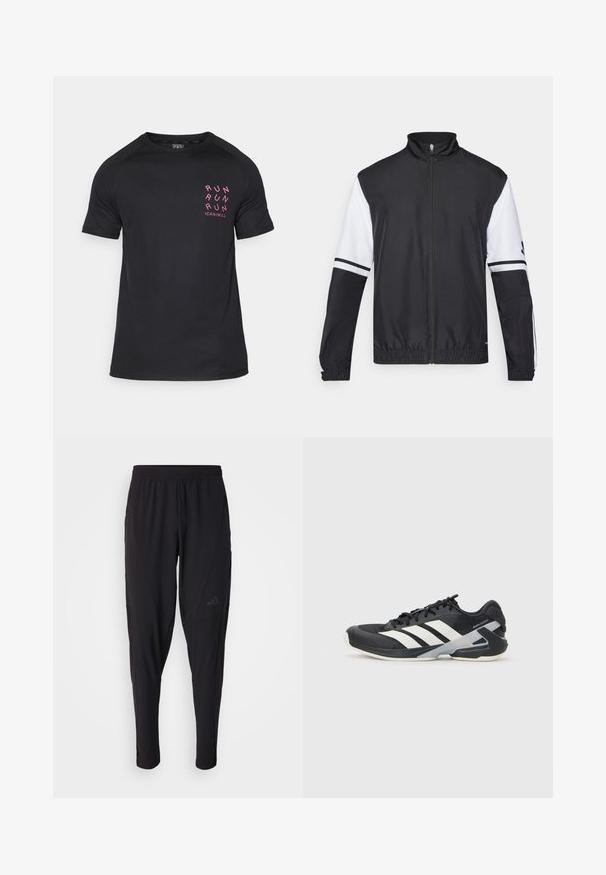 Casaco preto e branco com gola alta, fecho frontal completo, punhos elásticos e detalhes listrados nas mangas. Feito de um tecido liso e leve.; T-shirt atlético preto com mangas curtas, decote redondo e texto rosa "RUN RUN RUN" no lado esquerdo do peito. Tecido liso e leve.; Calças atléticas pretas com um cós elástico, design afunilado, bolsos laterais e detalhe discreto do logótipo. Feitas de um tecido flexível e respirável.; Sapata atlética preta com riscas brancas, parte superior em malha, biqueira arredondada e sola acolchoada. Apresenta um calcanhar texturizado e um sistema de atacadores seguro.