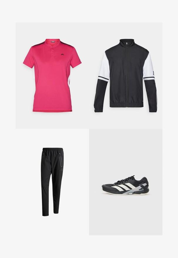 Čierno-biela bunda s vysokým golierom, plný predný zips, elastické manžety a pruhované akcenty na rukávoch. Vyrobená z hladkej, ľahkej tkaniny.; Polo tričko z jasne ružovej tkaniny, s dvoma gombíkmi, krátkymi rukávmi a čiernymi akcentmi pozdĺž ramien a strán.; Čierne športové nohavice s elastickým pásom, dvoma bočnými zipsovými vreckami, zužujúcimi sa nohavicami a nenápadným detailom loga na bokoch.; Čierna športová obuv s bielymi pruhmi, sieťovinový zvršok, zaoblená špička a polstrovaná podrážka. Obsahuje štruktúrovaný opätok a bezpečný systém šnurovania.