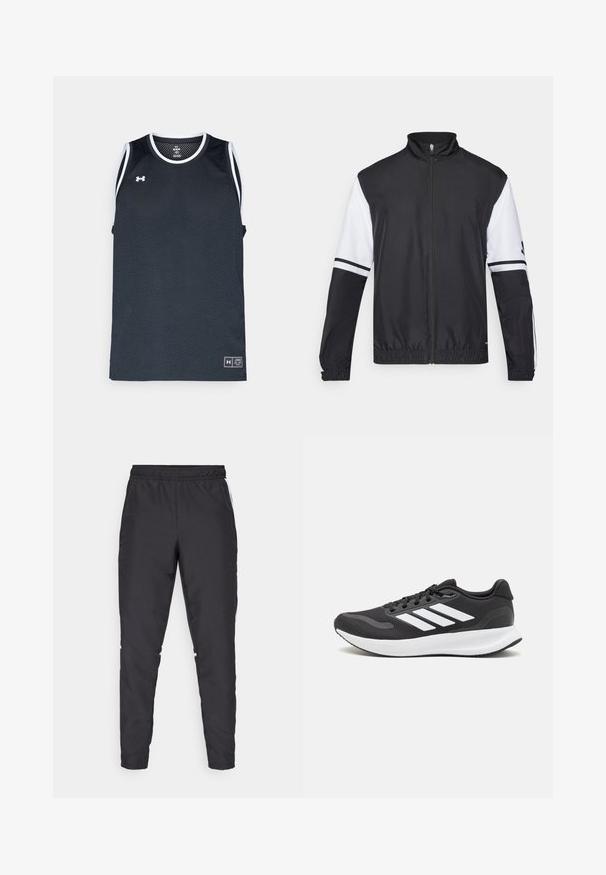 Crno-bijela jakna s visokim ovratnikom, punim zatvaračem sprijeda, elastičnim manžetama i prugastim detaljima na rukavima. Izrađena od glatkog, laganog materijala.; Crni mrežasti atletski majica bez rukava s bijelim detaljima, okruglim izrezom i bez rukava. Sadrži logotip na donjem lijevom dijelu.; Crne atletske hlače s elastičnim strukom, sužavajućim nogavicama i bijelim bočnim naglascima. Izrađene od sintetičkog materijala s glatkom teksturom.; Crne atletske tenisice s prozračnom mrežicom na gornjem dijelu, bijelim akcentima i mekanim potplatom. Imaju logo s tri pruge sa strane.
