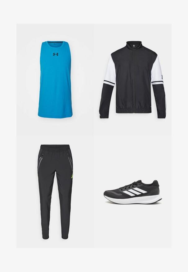 Casaco preto e branco com gola alta, fecho frontal completo, punhos elásticos e detalhes listrados nas mangas. Feito de um tecido liso e leve.; Top desportivo sem mangas em azul, feito de uma mistura de algodão, com um logotipo preto da Under Armour na parte da frente e decote redondo.; adidas Performance REAL MADRID TIRO25 PRO VIS TECH TRAVEL PANT - Roupa de discoteca - black/lucid lemon; Shoe de atletismo preto com parte superior em malha respirável, detalhes brancos e sola almofadada. Apresenta o logotipo das três riscas na lateral.