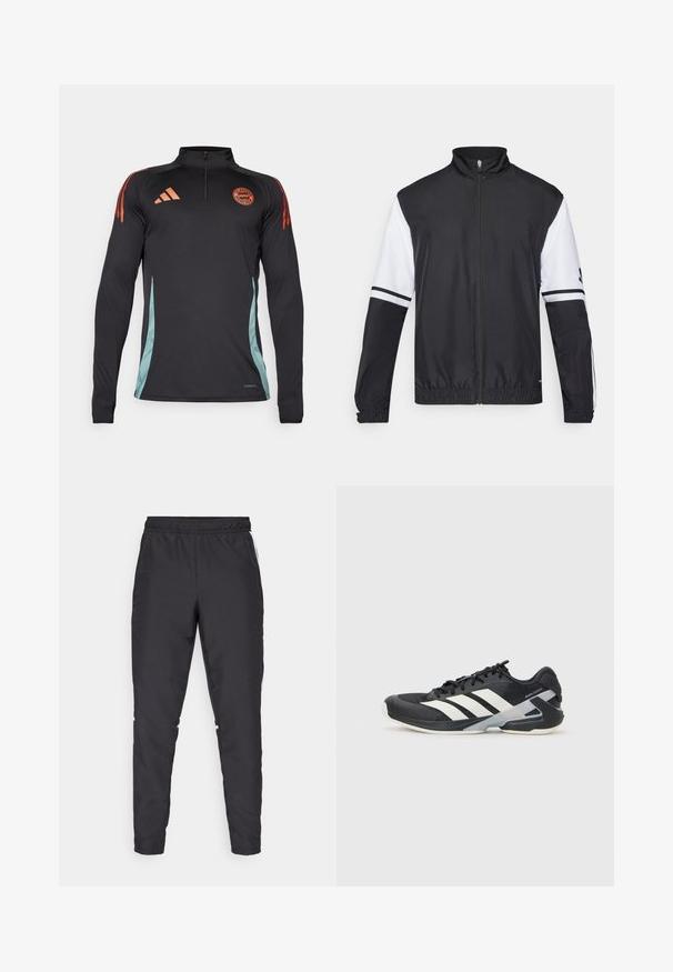 Black and white jacket with a high collar, full front zipper, elastic cuffs, and striped accents on sleeves. Made from smooth, lightweight fabric.; Black long-sleeve athletic top with a quarter zip, orange accents on shoulders, and teal side panels featuring a geometric pattern.; Black athletic pants with an elastic waistband, tapered legs, and white side accents. Made of synthetic material with a smooth texture.; Black athletic shoe with white stripes, mesh upper, rounded toe, and cushioned sole. Features a textured heel and secure lacing system.