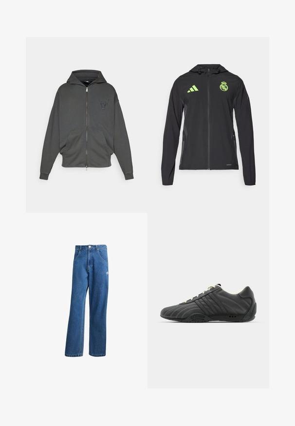 adidas Performance REAL MADRID TIRO25 PRO VIS TECH TRAVEL JACKET - Echipament cluburi fotbal - black/lucid lemon; Hanorac cu fermoar de culoare gri închis, fabricat dintr-un material moale, având un buzunar frontal de tip kangaroo și un logo brodat cu un taur pe piept.; Două topuri albe fără mâneci, cu textură in relief, având logo-uri brodate în albastru și verde. Unul are un design cu soare, iar celălalt cu palmier.; Jeans din denim cu talie înaltă, cu picioare largi, de culoare albastră, cu buzunare frontale, bucle pentru centură, închidere cu nasture și un mic logo Adidas pe coapsa dreaptă.; adidas Originals ADIRACER UNISEX - Sneakers low - core black/cream white