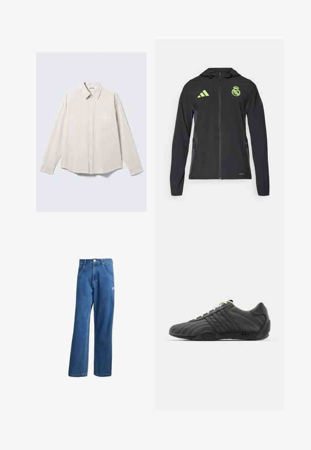 adidas Performance REAL MADRID TIRO25 PRO VIS TECH TRAVEL JACKET - Joukkuetuote - black/lucid lemon; Vaaleanbeige pitkähihaisessa napitettavassa paidassa on kaulus ja rintatasku, jossa on hillitty "ATHLETIX DEPT" brodeeraus.; Kaksi valkoista toppia, jossa on ribbitettu pinta, ja joissa on siniset ja vihreät brodeeratut logot. Toisessa on auringon muotoilu, toisessa palmu.; Siniset korkeavyötäröiset leveälahkeiset farkut, joissa on etupussit, vyölenkit, napitus ja pieni Adidas-logo oikeassa reidessä.; adidas Originals ADIRACER UNISEX - Matalavartiset tennarit - core black/cream white