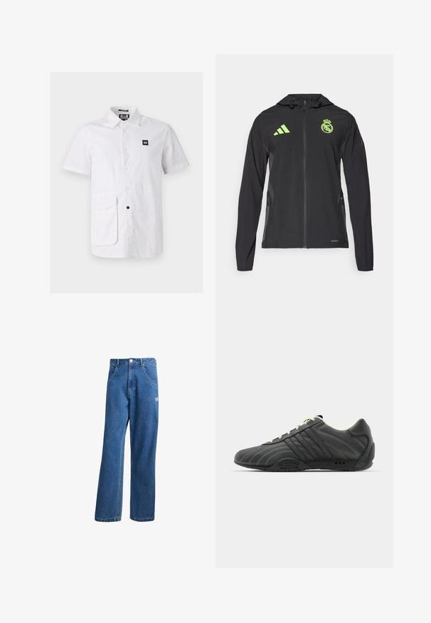 adidas Performance REAL MADRID TIRO25 PRO VIS TECH TRAVEL JACKET - Fanartikel - black/lucid lemon; Witte kortekleding shirt van katoen, met een button-down kraag, een voorzak en een klein zwart logo patch.; Twee witte tanktops met een geribbelde textuur, voorzien van blauwe en groene borduurlogo's. De ene heeft een zonontwerp, de andere een palboom.; Blauwe hoge taille wijde spijkerbroek met voorzakken, riemlussen, knoopsluiting en klein Adidas-logo op de rechterdij.; adidas Originals ADIRACER UNISEX - Sneakers laag - core black/cream white