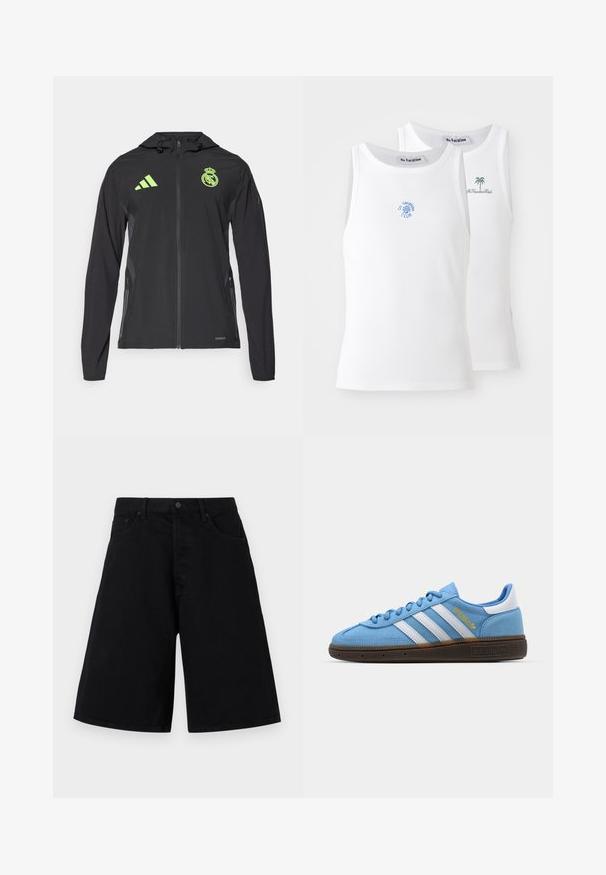 adidas Performance REAL MADRID TIRO25 PRO VIS TECH TRAVEL JACKET - Squadra - black/lucid lemon; Due canotte bianche, texture a costine, con loghi ricamati blu e verdi. Una presenta un design con il sole, l'altra con una palma.; Shorts in denim nero con una vestibilità comoda, caratterizzati da un classico design a cinque tasche e chiusura con bottone, texture liscia e taglio dritto.; Sneakers in suede azzurro chiaro con strisce in pelle bianca, suola marrone texturizzata e dettaglio logo dorato. Design basso con punta tonda.