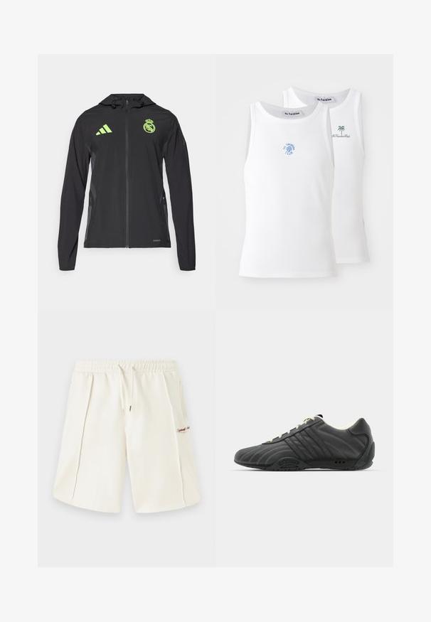 adidas Performance REAL MADRID VISTECH czarny; Dwa białe podkoszulki, o żebrowanej fakturze, z niebieskimi i zielonymi haftowanymi logo. Jeden z nich ma wzór słońca, a drugi palmę.; Kremowe szorty z miękkiego materiału, wyposażone w elastyczny pas, sznurek, boczne kieszenie oraz mały czerwony detal z logo z boku.; adidas Originals ADIRACER UNISEX czarny