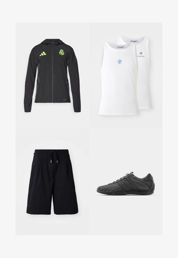 adidas Performance REAL MADRID TIRO25 PRO VIS TECH TRAVEL JACKET - Klubiriided - black/lucid lemon; Kaks valget T-särki, ribarebane tekstuur, millel on sinised ja rohelised tikitud logod. Ühel on päikesesool, teisel palmipuu.; Mustad mustrega elastse vööga ja nööriga, valmistatud kergete materjalide kasutamisest. Omab lõdva lõikega ja ilma nähtavate mustrite või aktsentideta.; adidas Originals ADIRACER UNISEX - Tossud - core black/cream white