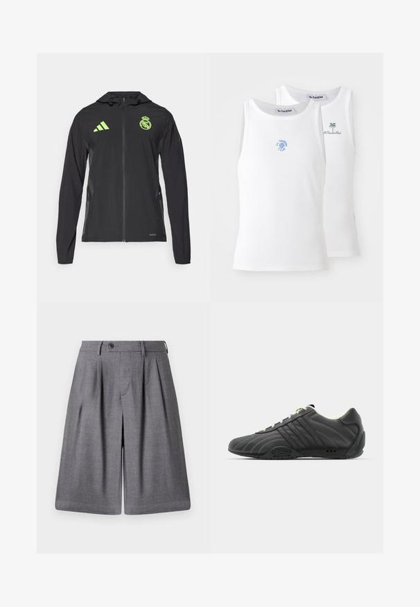 adidas Performance REAL MADRID TIRO25 PRO VIS TECH TRAVEL JACKET - Squadra - black/lucid lemon; Due canotte bianche, texture a costine, con loghi ricamati blu e verdi. Una presenta un design con il sole, l'altra con una palma.; Pantaloni corti grigi su misura realizzati in tessuto liscio, con pieghe, chiusura a bottone e una vita rigida per una vestibilità strutturata.; adidas Originals ADIRACER UNISEX - Sneakers basse - core black/cream white