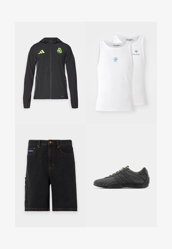adidas Performance REAL MADRID TIRO25 PRO VIS TECH TRAVEL JACKET - Vereinsmannschaften - black/lucid lemon; Zwei weiße Tanktops mit Rippstricktextur, die blaue und grüne gestickte Logos aufweisen. Eines hat ein Sonnendesign, das andere eine Palme.; Schwarze Denim-Shorts mit Fronttaschen, einer seitlichen Cargo-Tasche und orangen Nähten. Mit einem Metallknopfverschluss und einem Markenpatch.; adidas Originals ADIRACER UNISEX - Sneaker low - core black/cream white