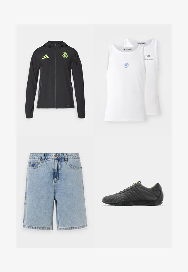 adidas Performance REAL MADRID TIRO25 PRO VIS TECH TRAVEL JACKET - Klub merchandise - black/lucid lemon; To hvide tanktops med ribbet tekstur, prydet med broderede logoer i blå og grøn. Den ene har et soldesign, mens den anden har et palmetræ.; Lysblå denim shorts med løs pasform, der har knaplukning, forlommer og let falming. Enkel design, ingen synlige mønstre.; adidas Originals ADIRACER UNISEX - Sneakers - core black/cream white