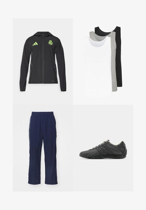 adidas Performance REAL MADRID TIRO25 PRO VIS TECH TRAVEL JACKET - Vereinsmannschaften - black/lucid lemon; Drei Tanktops in Weiß, Grau und Schwarz. Jedes hat ein klassisches ärmelloses Design und besteht aus leichtem Baumwollstoff mit einer Rippstruktur.; Marineblaue leichte Hose mit einem elastischen Bund, relaxed Fit, Seitentaschen und kontrastierenden weißen Streifen an den Seiten.; adidas Originals ADIRACER UNISEX - Sneaker low - core black/cream white