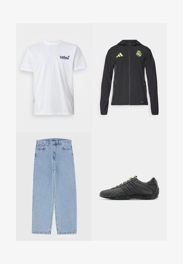 adidas Performance REAL MADRID TIRO25 PRO VIS TECH TRAVEL JACKET - Squadra - black/lucid lemon; T-shirt bianco in cotone con maniche corte, collo rotondo e piccolo logo blu navy "Wiltopia" sul petto sinistro. Texture liscia.; Jeans in denim azzurro chiaro con design a gamba dritta, caratterizzati da una vita media, cinque tasche e chiusura con bottone e zip.; adidas Originals ADIRACER UNISEX - Sneakers basse - core black/cream white